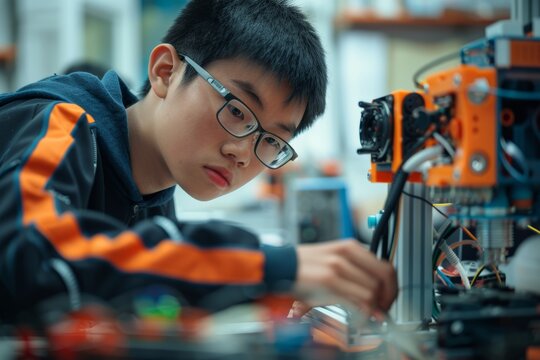 Young Student at Robotics Workshop Assembling Robot with Teammates for Educational Project