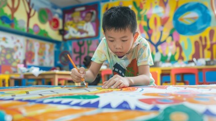 Focused Chinese Schoolboy Drawing in Colorful Art Classroom for Creativity and Education