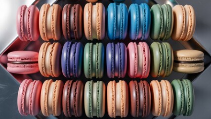 Colorful assortment of macarons displayed in a visually appealing arrangement. 