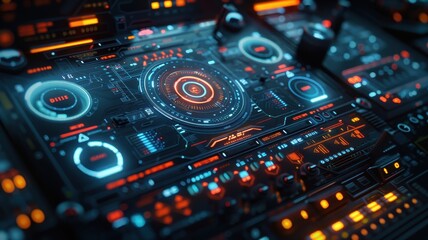 Obraz premium Futuristic interface with glowing digital controls and holographic displays, showcasing advanced technology and cyber themes.