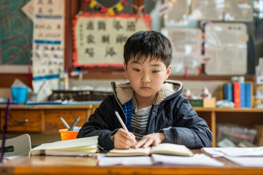 Young Student in Creative Writing Workshop Surrounded by Inspirational Literary Decor