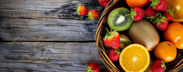 A wooden basket brimming with nutritious fruits such as kiwis, strawberries, and oranges, top view, with text space on a rustic wooden table background.