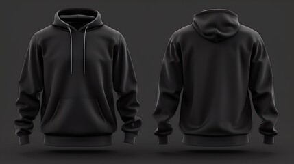 Maqueta de sudadera de color negra con vista frontal y posterior. 