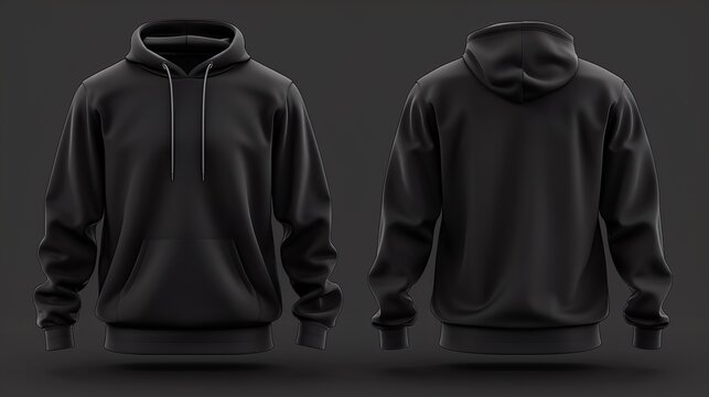 Maqueta de sudadera de color negra con vista frontal y posterior. 