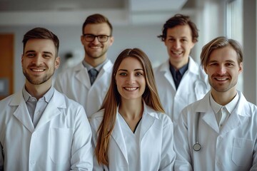 Fototapeta premium Beautiful portrait of confident and smiling male and female doctors in clinic, showcasing a diverse and talented medical team.