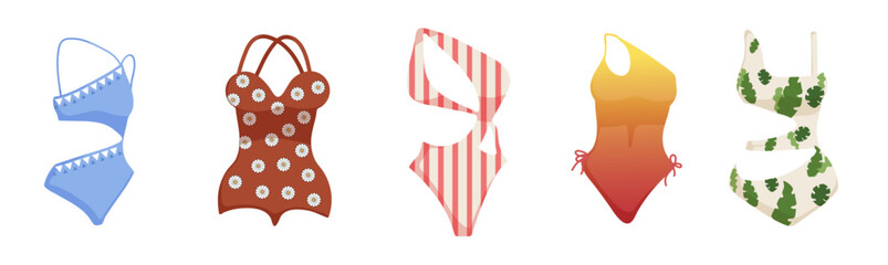 Set of striped, blue, red, green, beige various women' bikinis with flowers, leaves in flat style isolated on white background for icons, webs, apps, banners