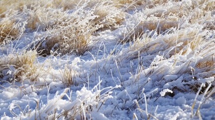 Fresh white snow on dry grass