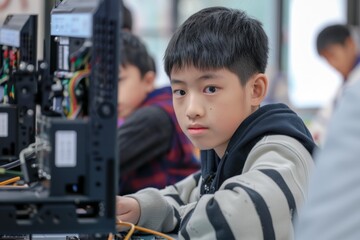 Focused Schoolboy Engaged in Robotics Project During Computer Science Class with Peers