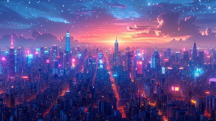 Fototapeta premium The radiant cityscape at night, illuminated by dazzling, neon-lit buildings and a twinkling skyline, creating a dynamic and vibrant atmosphere that feels both enchanting and futuristic. Watercolor