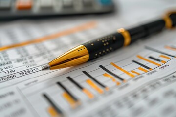 Fototapeta premium Pen placed on a spreadsheet, highlighting financial data and figures, symbolizing business, finance, and office work.