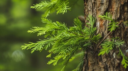 Red cedar branch, highlighting the rich color and texture of the leaves and bark