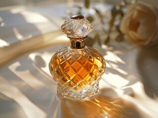 Elegant diamond-cut crystal perfume bottle with amber hue