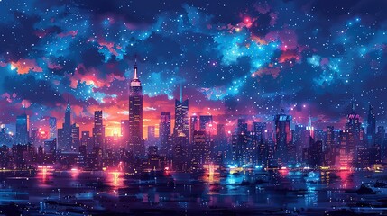A bustling city skyline at night, glowing with bright, vivid colors and shimmering lights, creating an energetic, picturesque urban landscape that feels both lively and sophisticated. Watercolor