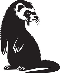 Simple black and white base line art silhouettes of Ferret