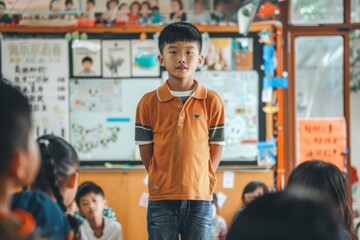 Confident Schoolboy Presenting Book Report to Attentive Classroom of Peers and Educational Posters