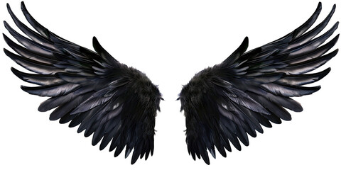 A pair of black feather wings on a transparent, isolated background. Cut out or PNG.