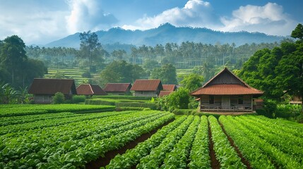 Vibrant farmlands with lush green crops and traditional wooden farmhouses
