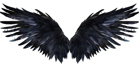 A pair of black feather wings on a transparent, isolated background. Cut out or PNG.