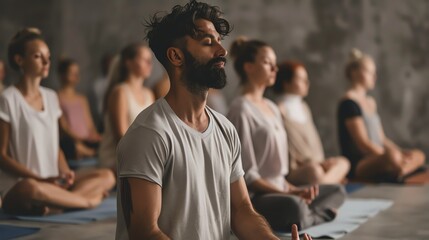 Obraz premium Bearded man in white shirt sits in a yoga pose with his eyes closed and surrounded by a group of women in a yoga class.