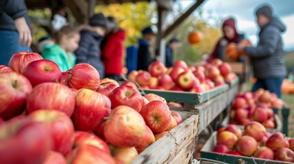 Fresh apples at a farmer's market. The apples are in wooden crates and there are people in the background.