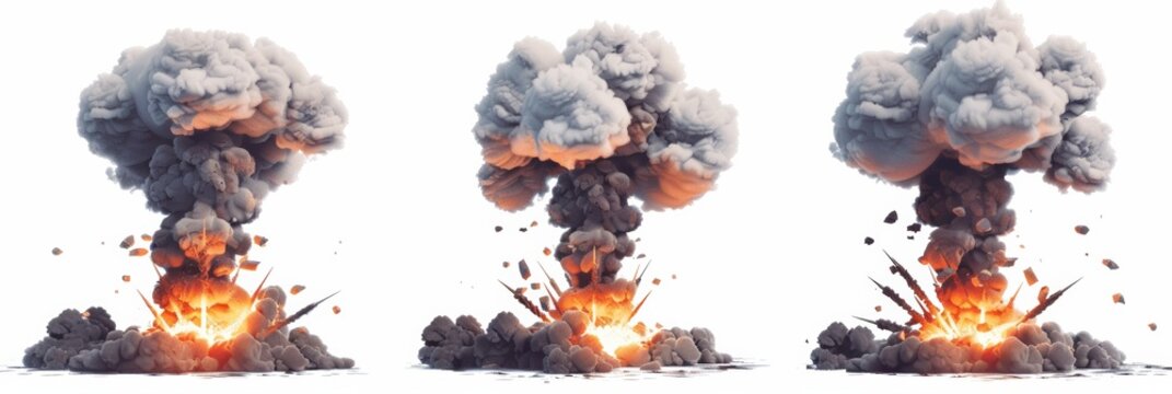 Collection of dramatic nuclear blasts with mushroom clouds on a white background