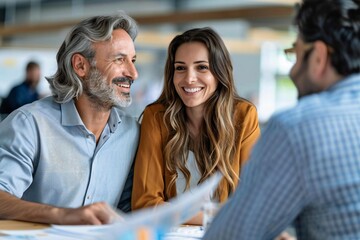 Beautiful couple having a discussion with their professional advisor in the office.