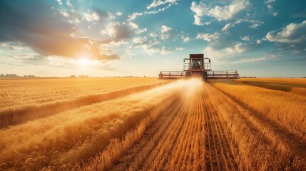 Fototapeta premium Modern agricultural machinery working on a vast field, harvesting crops