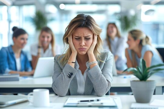 Beautiful businesswoman feeling upset while her beautiful colleagues laugh at her in the office background.
