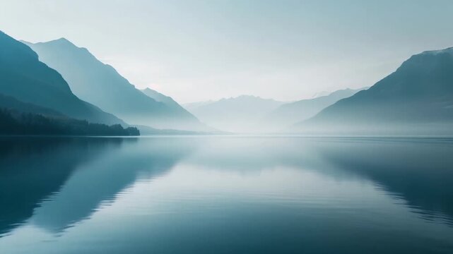Minimalist landscape of stylized mountains and calm waters.