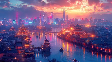 The city's vibrant, neon-lit skyline at night, shimmering with radiant lights and bustling activity, creating a lively, energetic atmosphere that feels both majestic and futuristic. Watercolor style,