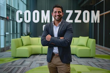 Beautiful businessman standing on a green and gray carpet with comfort zone text, exuding contentment and ease.