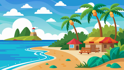 Tropical island paradise, palm-fringed beach house, ocean view, summer escape. vector illustration