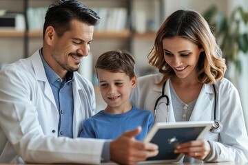 Beautiful mother and son video conferencing with a handsome male doctor through a tablet computer.