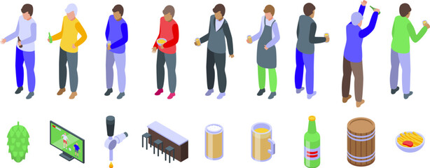 Man beer bar icons set. Set of isometric icons of people drinking beer, watching football match and eating snacks at the bar