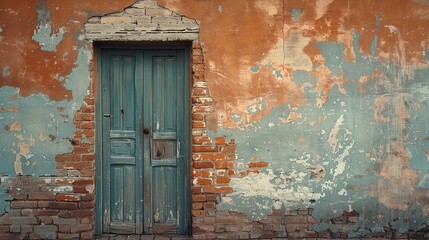 A vintage wooden door with peeling paint, set against a backdrop of faded brick walls, capturing the nostalgic charm of an old urban neighborhood.