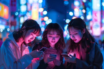 Young women engrossed in smartphones amidst vibrant night city lights