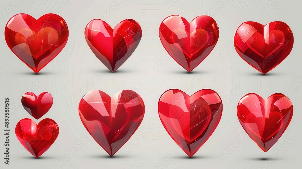 Aufkleber a collection of eight red heart illustrations, each with unique styles and poses. they are depicted 