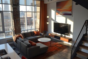 Beautiful high angle view of a living room interior featuring a cozy couch, flatscreen TV, and stylish furniture.