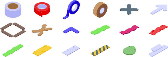 Duct tape icons set. Set of colorful adhesive tape rolls for fixing and gluing different objects, isometric icons