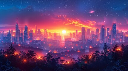 Obraz premium The radiant cityscape at night, illuminated by dazzling, neon-lit buildings and a twinkling skyline, creating a dynamic and vibrant atmosphere that feels both enchanting and futuristic. Watercolor