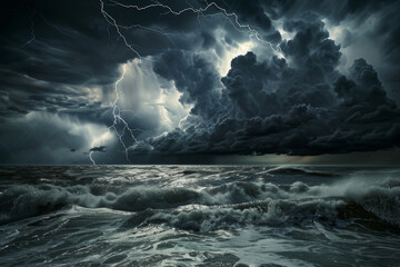 An image depicting a dramatic thunderstorm approaching over the sea, emphasizing the dark clouds, lightning strikes, and the turbulent waters - Generative AI