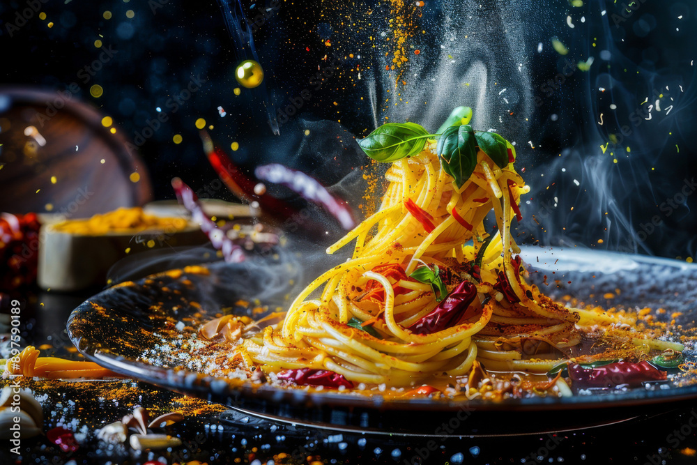 Canvas Prints the fusion of spaghetti with flavors and ingredients from different cuisines, emphasizing the dish's