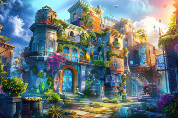 The intricate and colorful world of a puzzle-solving game, focusing on the complexity and creativity of the game's puzzles and environments - Generative AI