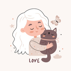 A girl hugs a cat. Text Love. Cute cartoon Bohemian Scandi nursery posters in beige and gray colors. Boho vector print