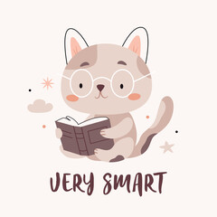 A cat in glasses is reading a book. The text Very smart. Cute cartoon Bohemian scandinavian nursery posters in beige and gray colors. Boho vector print