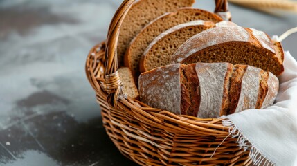 A rustic wicker basket filled with freshly baked rye bread loaves