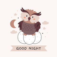 An owl is sitting on a pumpkin. Good night text. Cute cartoon Bohemian scandinavian nursery posters in beige and gray colors. Boho vector print