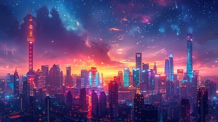 Fototapeta premium The radiant cityscape at night, illuminated by dazzling, neon-lit buildings and a twinkling skyline, creating a dynamic and vibrant atmosphere that feels both enchanting and futuristic. Watercolor