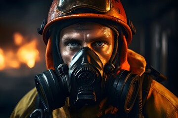 Fototapeta premium fireman and helmet with gas mask