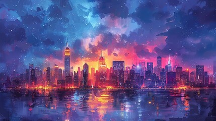 Obraz premium A bustling city skyline at night, glowing with bright, vivid colors and shimmering lights, creating an energetic, picturesque urban landscape that feels both lively and sophisticated. Watercolor